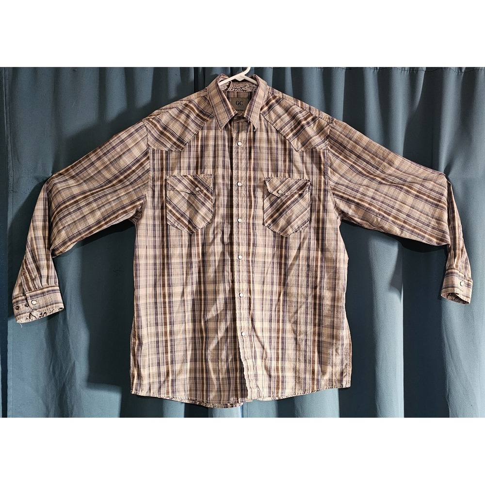 GC Blue Men's Brown Plaid Long Sleeved Pearl Snap Button Up Shirt XL